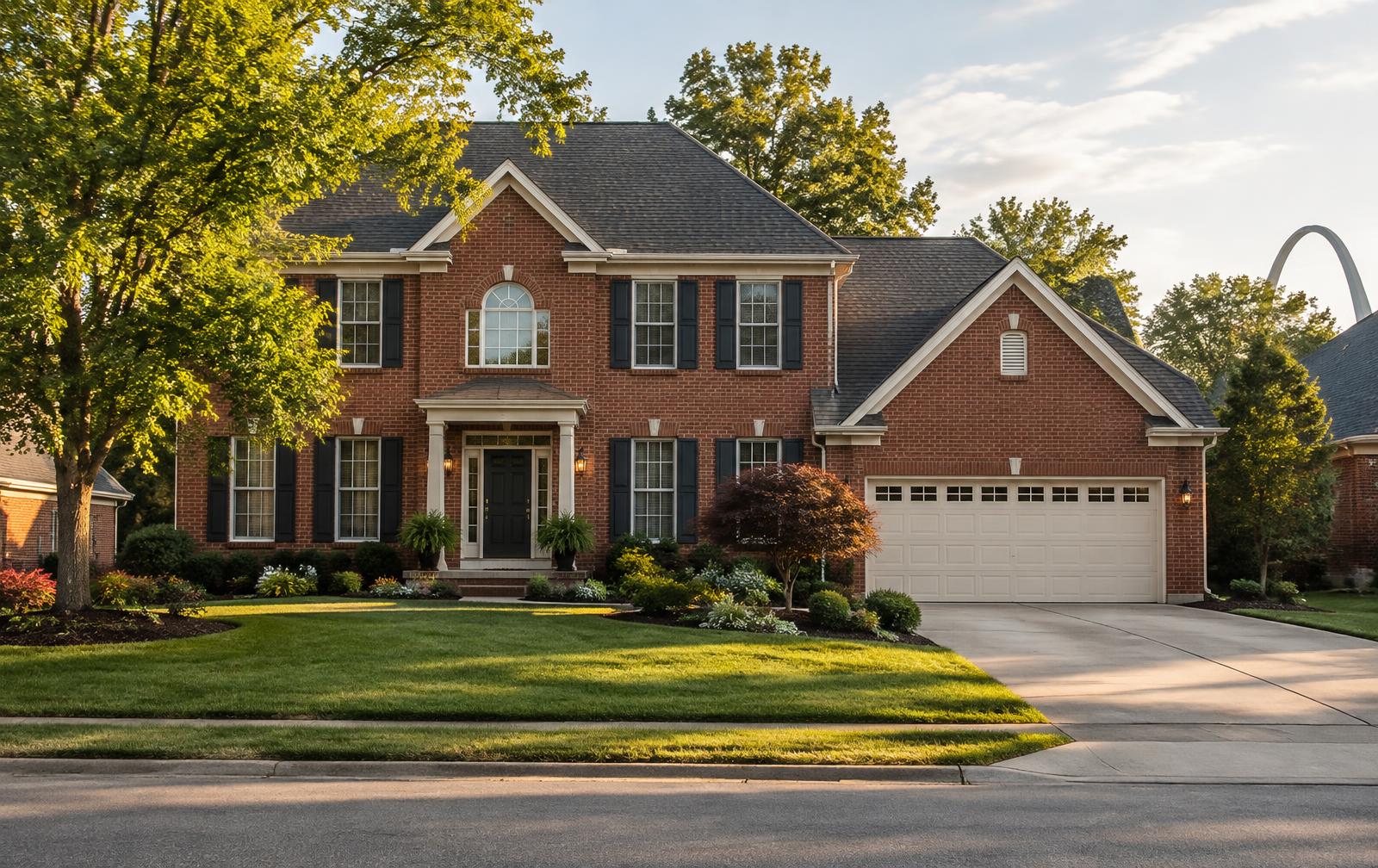 Brick two-story home with a charcoal architectural shingle roof (illustrative photo)