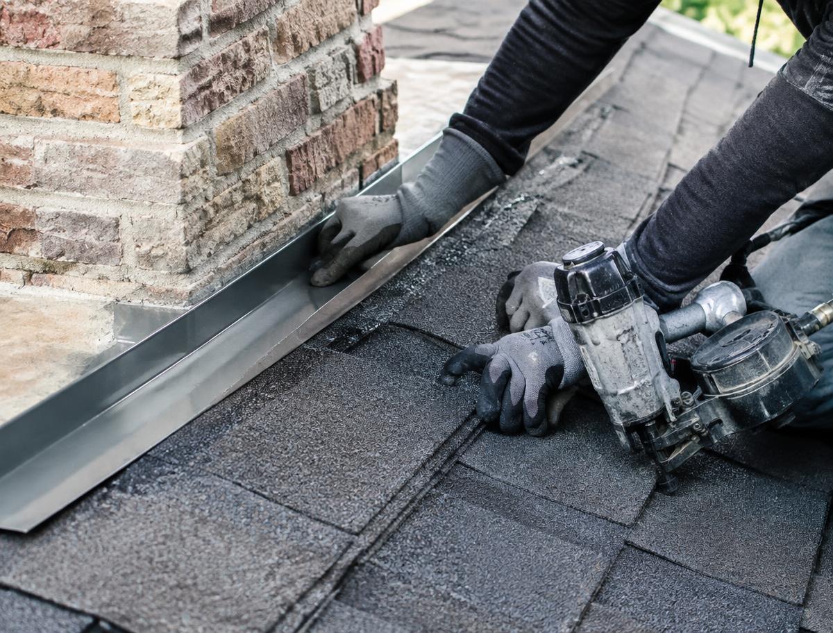 Roofer installing new flashing along asphalt shingles beside a chimney (illustrative photo)