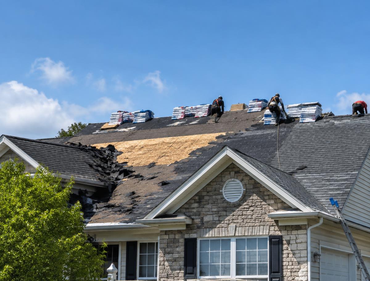Residential roof replacement in progress with new shingle bundles staged on the roof deck (illustrative photo)